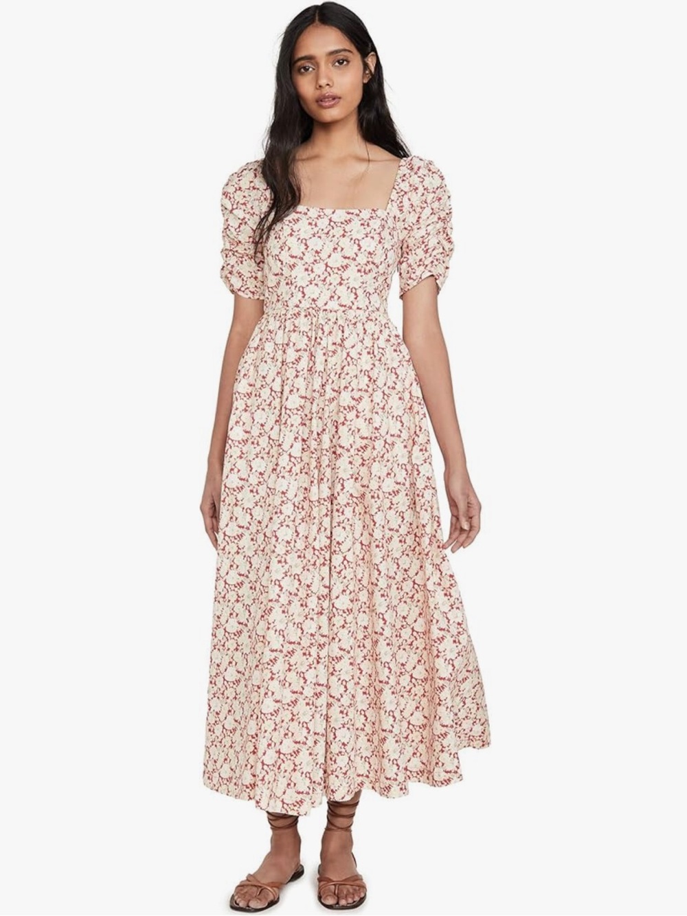 FP Free People She's A Dream Midi Dress - 100% Cotton Red Floral Milkmaid Dress - Picture 6 of 8